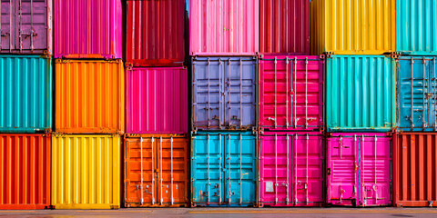 Fototapeta premium A wall of stacked shipping containers in bright shades of magenta pink purple blue teal orange and yellow.