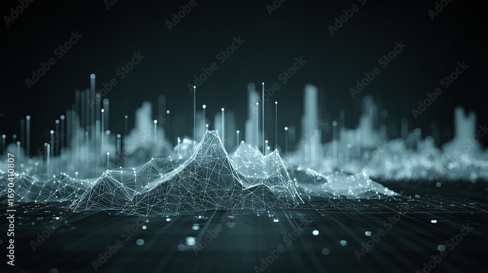 Fototapete abstract visualization of glowing geometric data patterns on a dark atmospheric background.