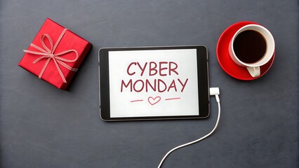 Overhead shot of a cyber monday themed scene with a gift, tablet, and coffee cup on a dark gray surface, perfect for holiday promotions