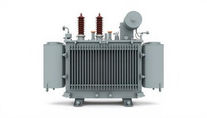 Gray electrical transformer with detailed components on white background  