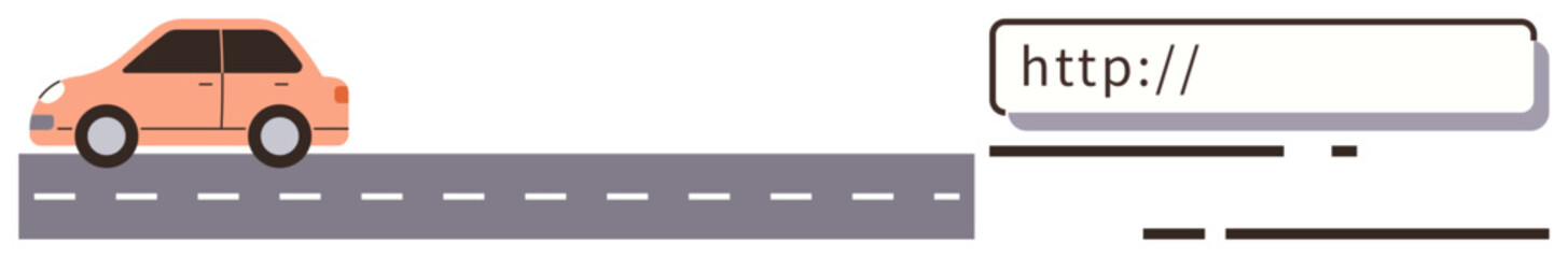 Orange vehicle on a street beside a URL search bar promoting online navigation, digital travel, online maps, web technology, internet browsing, modern communication, simple flat metaphor