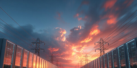 Rows of server racks with glowing lights are seen under a dramatic sunset sky with power transmission towers.