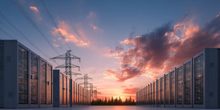 Server racks stand in rows against a dramatic sunset sky with power lines and transmission towers.
