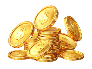 Pile of Shiny Gold Dollar Coins with Transparent Background money currency isolated on a transparent background