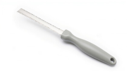 Kitchen tool with gray handle and serrated blade for cutting  