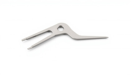 Metal tool for removing valve cores with two prongs on white background  