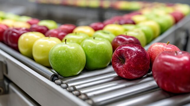 Fresh fruit sorting facility showcasing apples with various colors and sizes on conveyor belts - Powered by Adobe