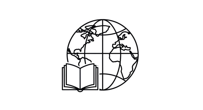 Globe and Open Book Line Art Illustration.