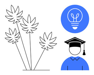 Abstract leaves with thin stems, a graduate icon wearing a cap, and a light bulb idea symbol. Ideal for education, growth, innovation, creativity, knowledge sharing, inspiration or simple landing