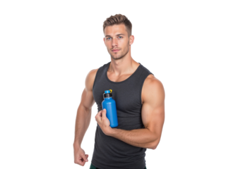 Fit man showing off strength while holding a water bottle in a bright indoor setting