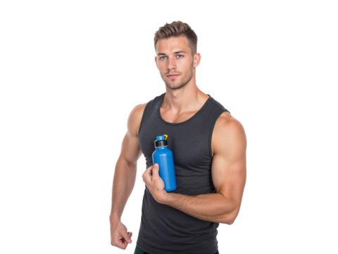 Fit man showing off strength while holding a water bottle in a bright indoor setting