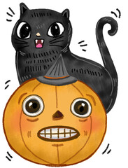a black cat and a pumpkin Halloween Cartoon.Hand drawn illustration isolated on white background.