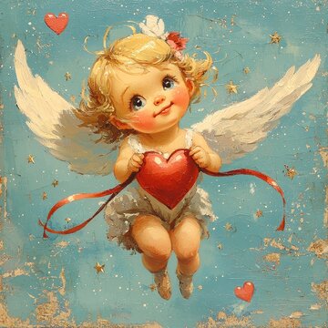 Cute Angelic Cherub with Heart and Wings on Blue Background