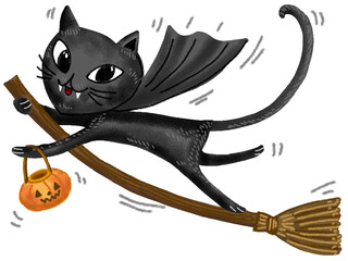 Black Cat Flying on a Broomstick with Pumpkin lantern. Cartoon Character. Halloween illustration.Hand drawn illustration isolated on white background.