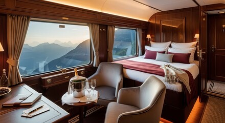 Luxurious vintage train compartment with a cozy bed champagne and stunning mountain view from the window