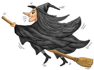 Witch Flying on a Broomstick Cartoon Character. Halloween illustration.  Hand drawn illustration isolated on white background.