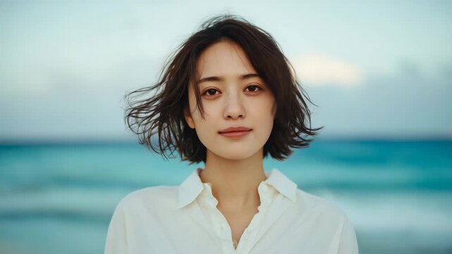 女性が海辺の爽風を受けて優しく微笑む情景