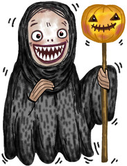 The ghost is laughing with  lantern pumpkin.Halloween Cartoon. Hand drawn illustration isolated on white background.