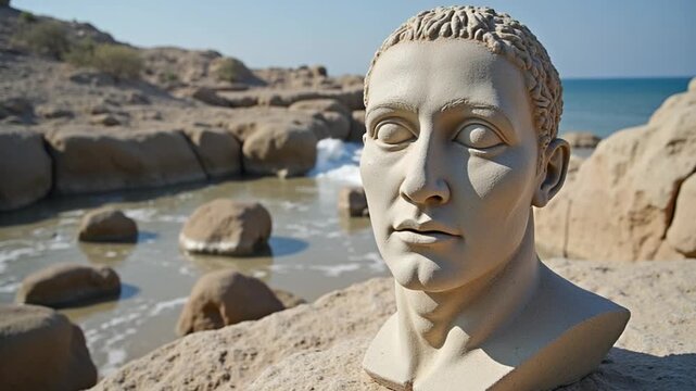Bust sculpture on rocky terrain under natural lighting during daylight