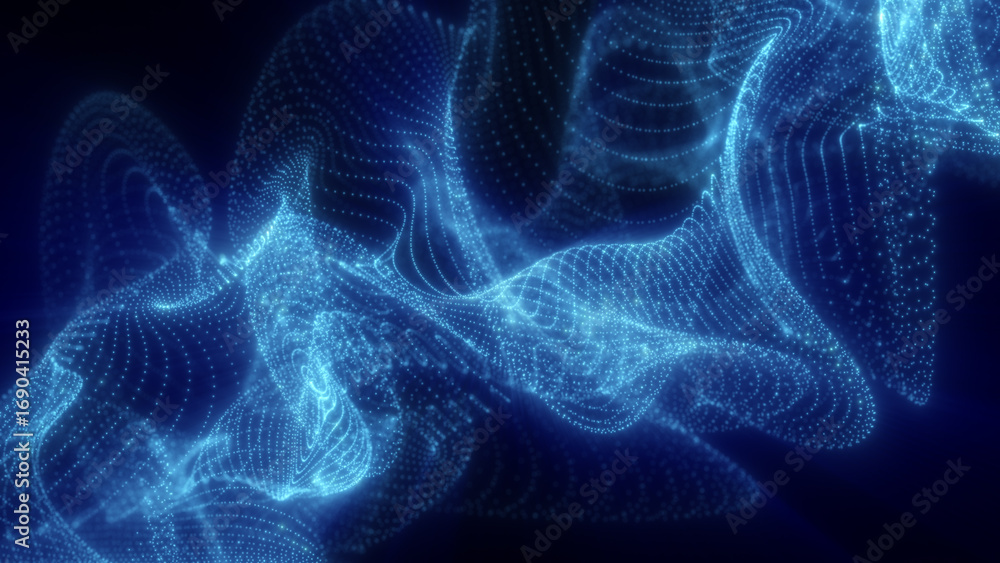 Poster deep blue glowing waves flow and ripple across a dark backdrop, forming an abstract fluid network of