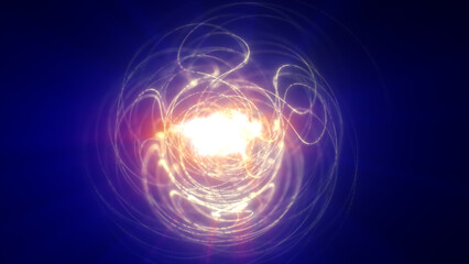 Abstract glowing fusion sphere with intertwined golden and blue light trails, symbolizing cosmic balance, energy, and digital creation