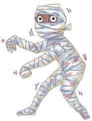 scary mummy ghost walking. Halloween Cartoon. Hand drawn illustration isolated on white background.