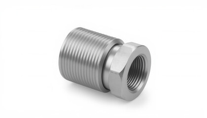 Stainless steel threaded connector fitting on a white background  