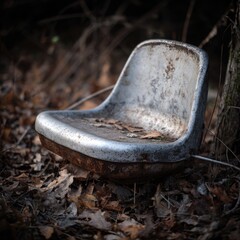 Detailed close-up of a rustic metal tractor seat highlighting texture.