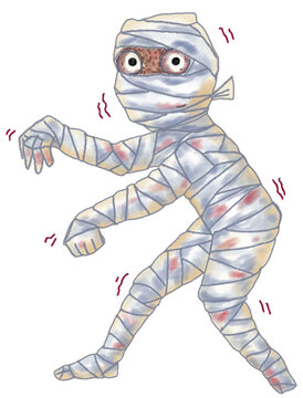 scary mummy ghost walking. Halloween Cartoon. Hand drawn illustration isolated on white background.