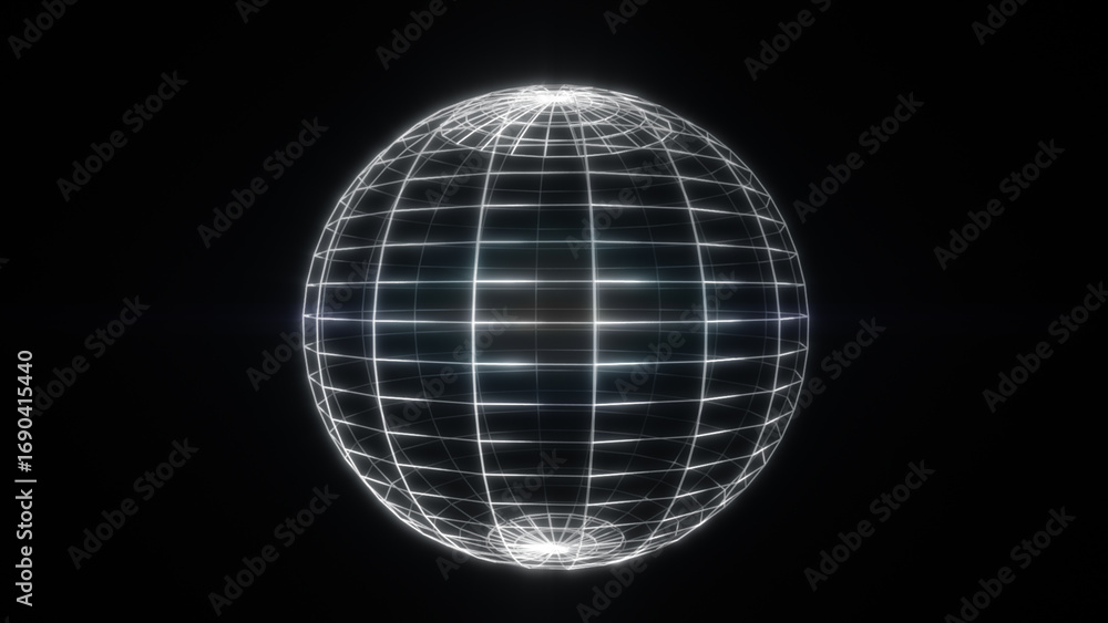 Poster a wireframe globe with intersecting lines, symbolizing a connected world, displayed in a high-contra