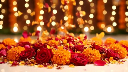 A vibrant pile of orange marigolds and red roses with petals falling from above against a warm, festive bokeh light background. - Powered by Adobe