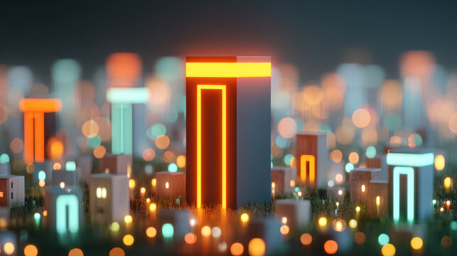Neon cityscape with glowing buildings and bokeh lights creating vibrant data driven monopoly atmosphere at night