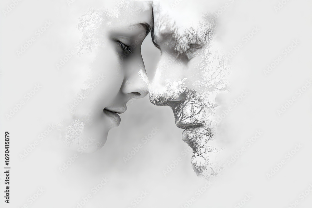 Poster double exposure of two faces merging, close together with gentle expressions, blending with tree bra