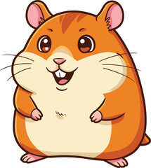 Cute happy cartoon hamster with big eyes, smiling face, chubby cheeks, and adorable paws, perfect for kids’ book or mascot.