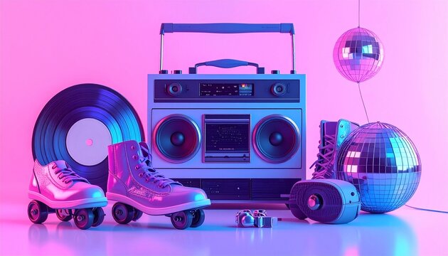 Retro roller skates and music equipment.