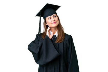 Middle age university graduate woman over isolated background thinking an idea