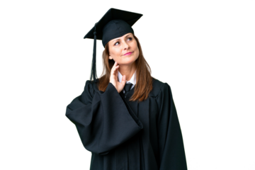 Middle age university graduate woman over isolated background thinking an idea