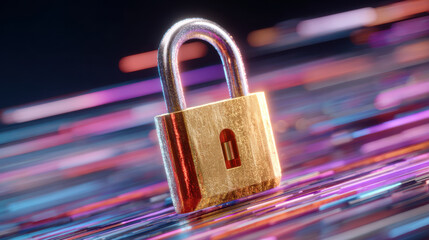 Data security concept with golden padlock on colorful digital data stream representing monopoly and protection