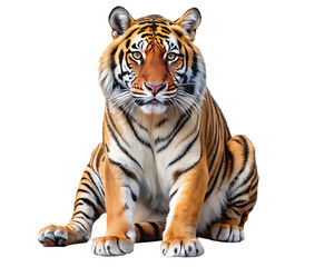 Fototapeta premium Sitting Tiger with Orange and Stripes on White Background big cat feline isolated on a transparent background