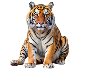 Sitting Tiger with Orange and Stripes on White Background big cat feline isolated on a transparent background