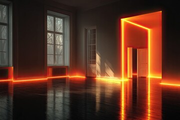 Empty room with glowing lines. Interior background with glowing lines