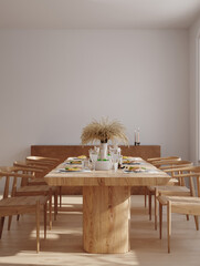 Home mock up, cozy modern dining room interior with natural wooden furniture, 3d render	