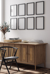 Mock up frame in cozy interior with retro furniture and dry bouquet, 3d render