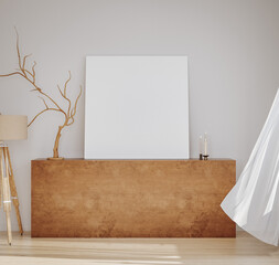 Square canvas mockup close up on commode with decorative tree, 3d render