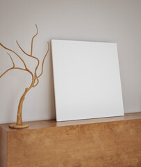 Square canvas mockup close up on commode with decorative tree, 3d render