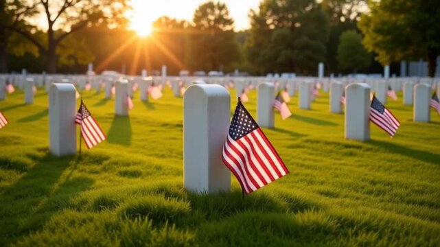 American flag waving gently at a solemn military cemetery at sunset with rows of white headstones and