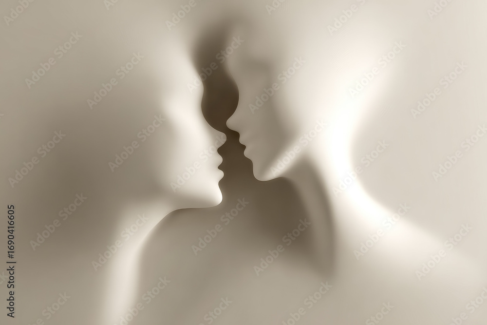 Poster abstract surreal shapes resembling two bodies close soft light smooth texture minimalistic emotional