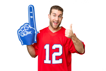 sports fan man over isolated chroma key background with thumbs up because something good has happened