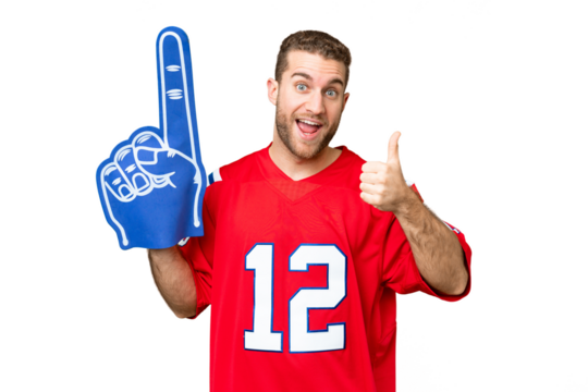 sports fan man over isolated chroma key background with thumbs up because something good has happened