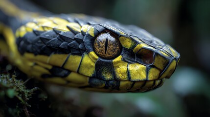 A striking close-up captures the intense gaze of a yellow and black banded snake, its textured scales and focused eye conveying a sense of primal power and natural beauty.